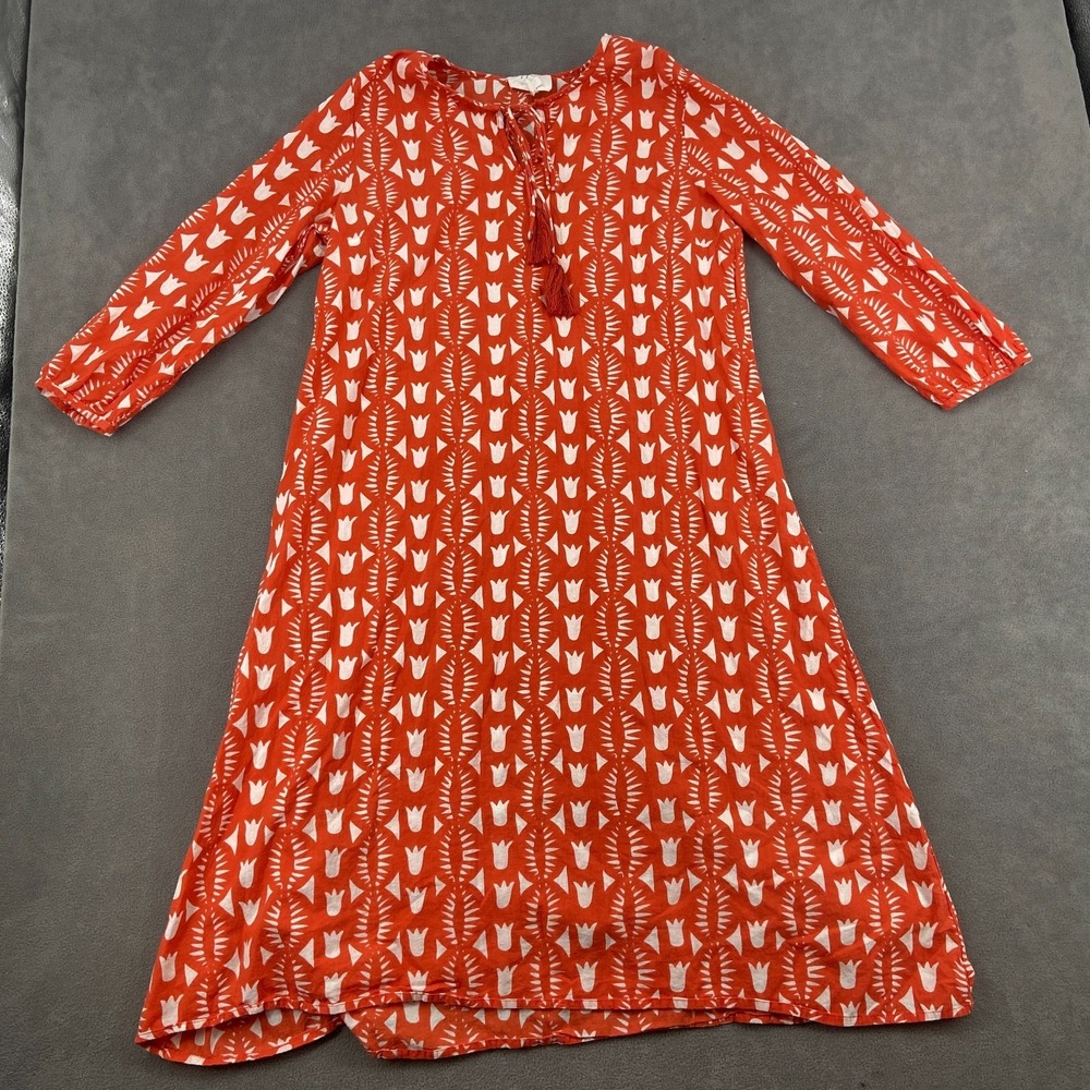 Pomegranate A Line Dress Womens Medium‎ Orange Geometric Print Split Neck Modern